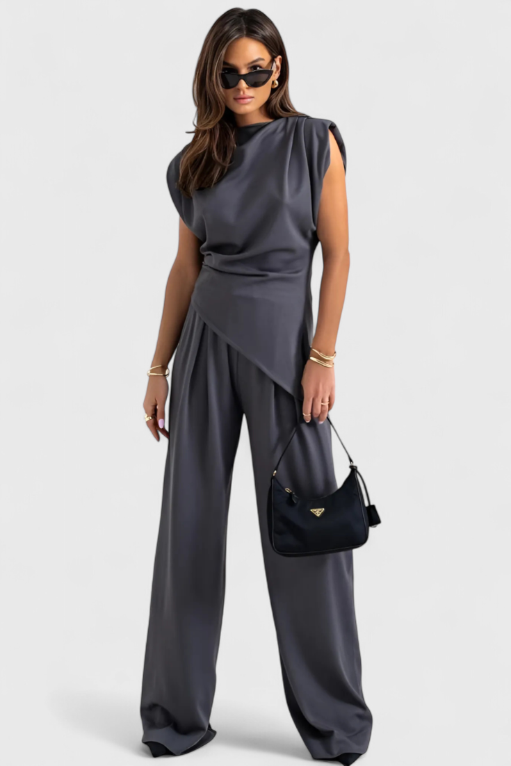 Sofia Ensemble Asymétrique à Épaules Drapées et Pantalon à Jambes Larges