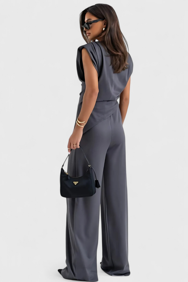 Sofia Ensemble Asymétrique à Épaules Drapées et Pantalon à Jambes Larges