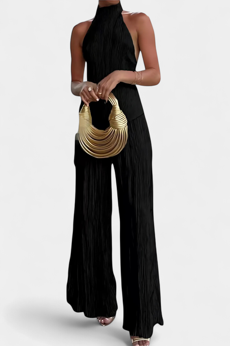 Pilarica Ensemble Top Halter Asymétrique et Pantalon à Jambes Larges