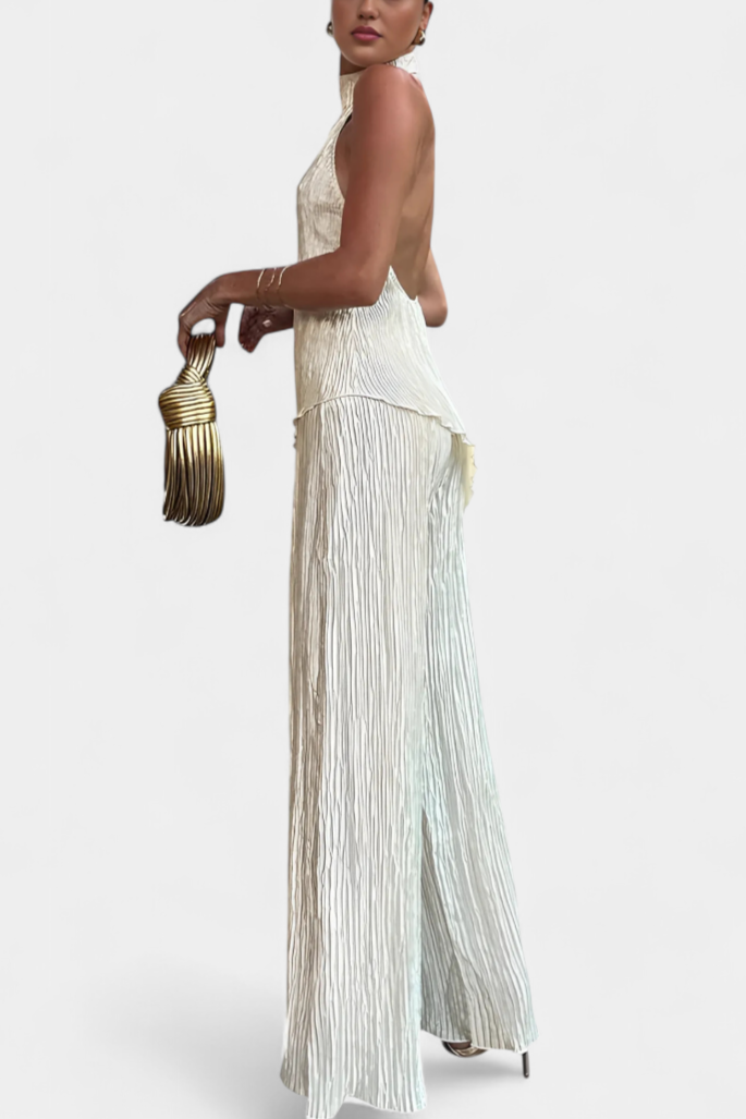 Pilarica Ensemble Top Halter Asymétrique et Pantalon à Jambes Larges