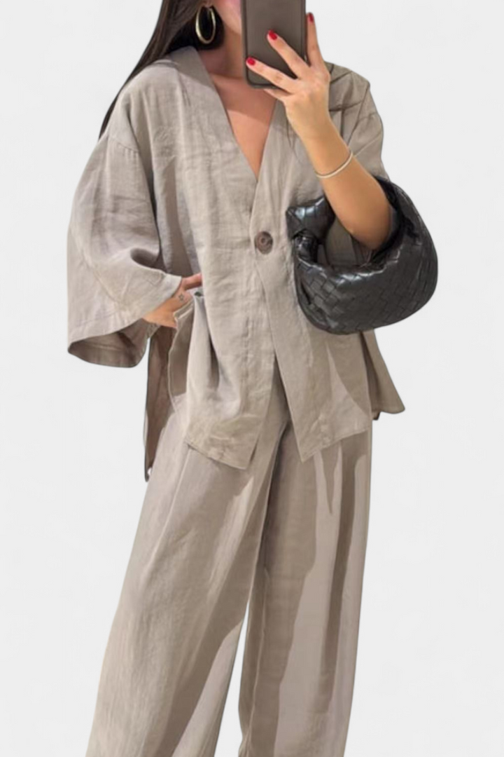 Eli Ensemble Élégant à Col en V et Pantalon Droit