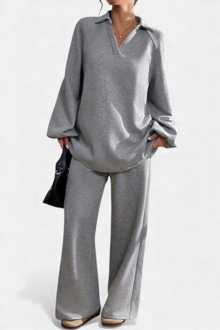 Bréanne Ensemble Oversize Texturé à Col Chemise et Pantalon Large