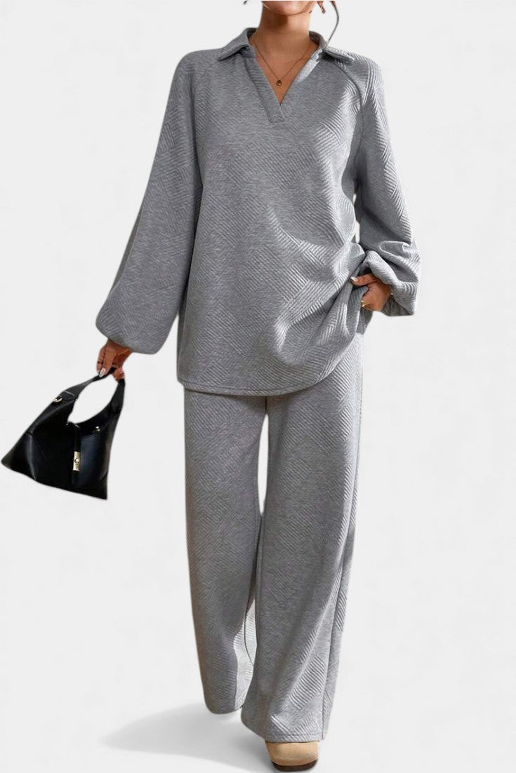 Bréanne Ensemble Oversize Texturé à Col Chemise et Pantalon Large