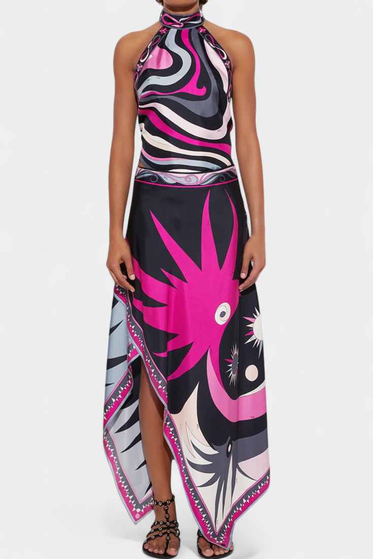 Ciana Ensemble Halter et Jupe A-Line à Motif Abstrait Noir et Rose