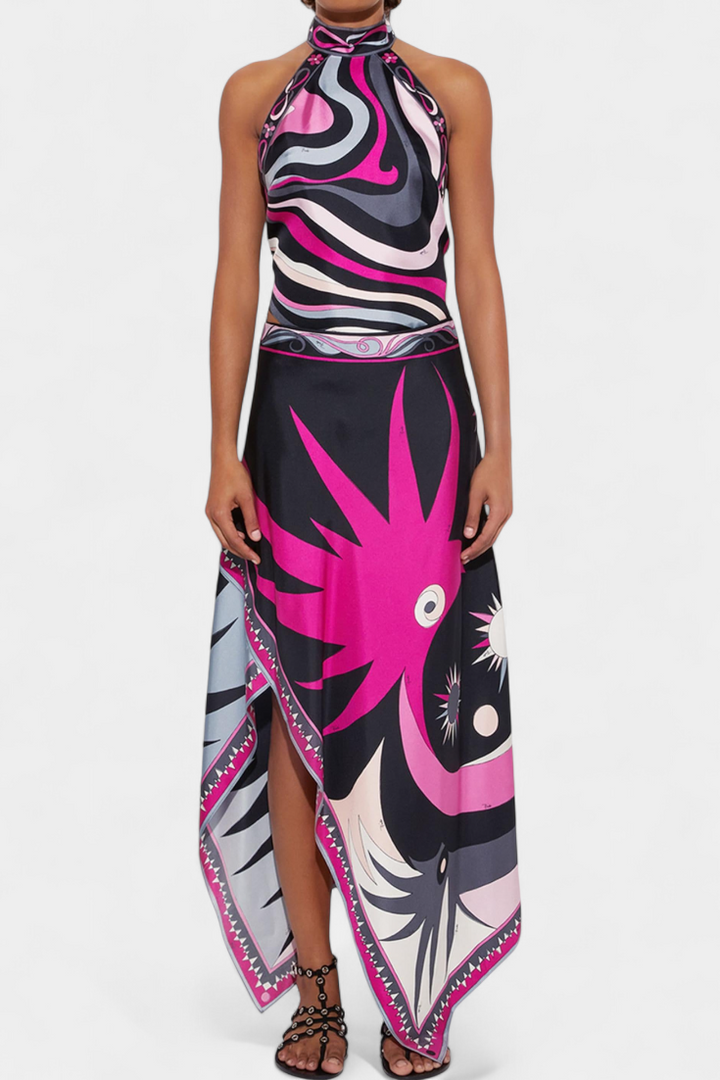 Ciana Ensemble Halter et Jupe A-Line à Motif Abstrait Noir et Rose