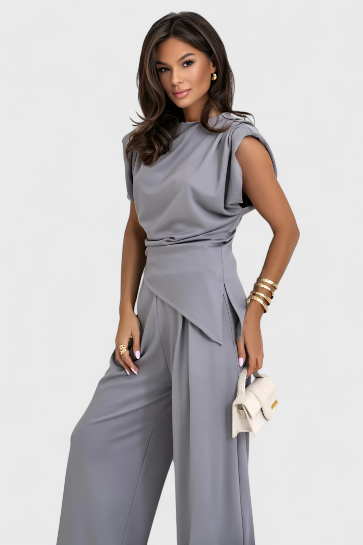 Sofia Ensemble Asymétrique à Épaules Drapées et Pantalon à Jambes Larges