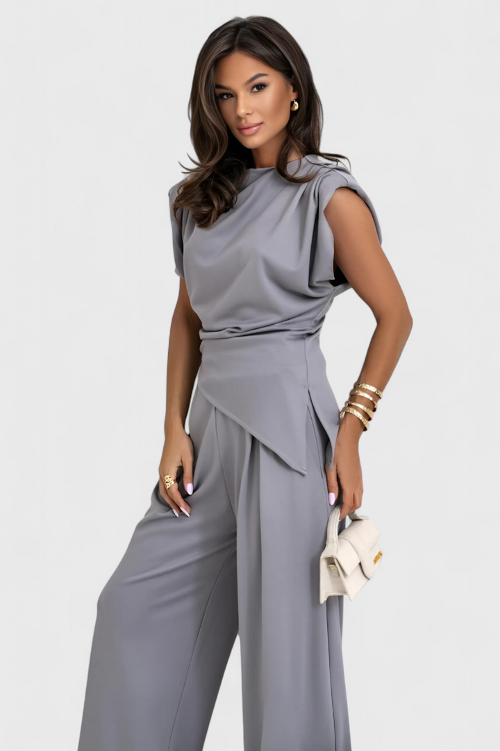 Sofia Ensemble Asymétrique à Épaules Drapées et Pantalon à Jambes Larges