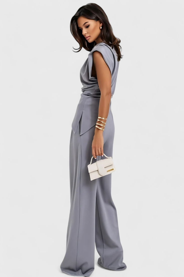 Sofia Ensemble Asymétrique à Épaules Drapées et Pantalon à Jambes Larges