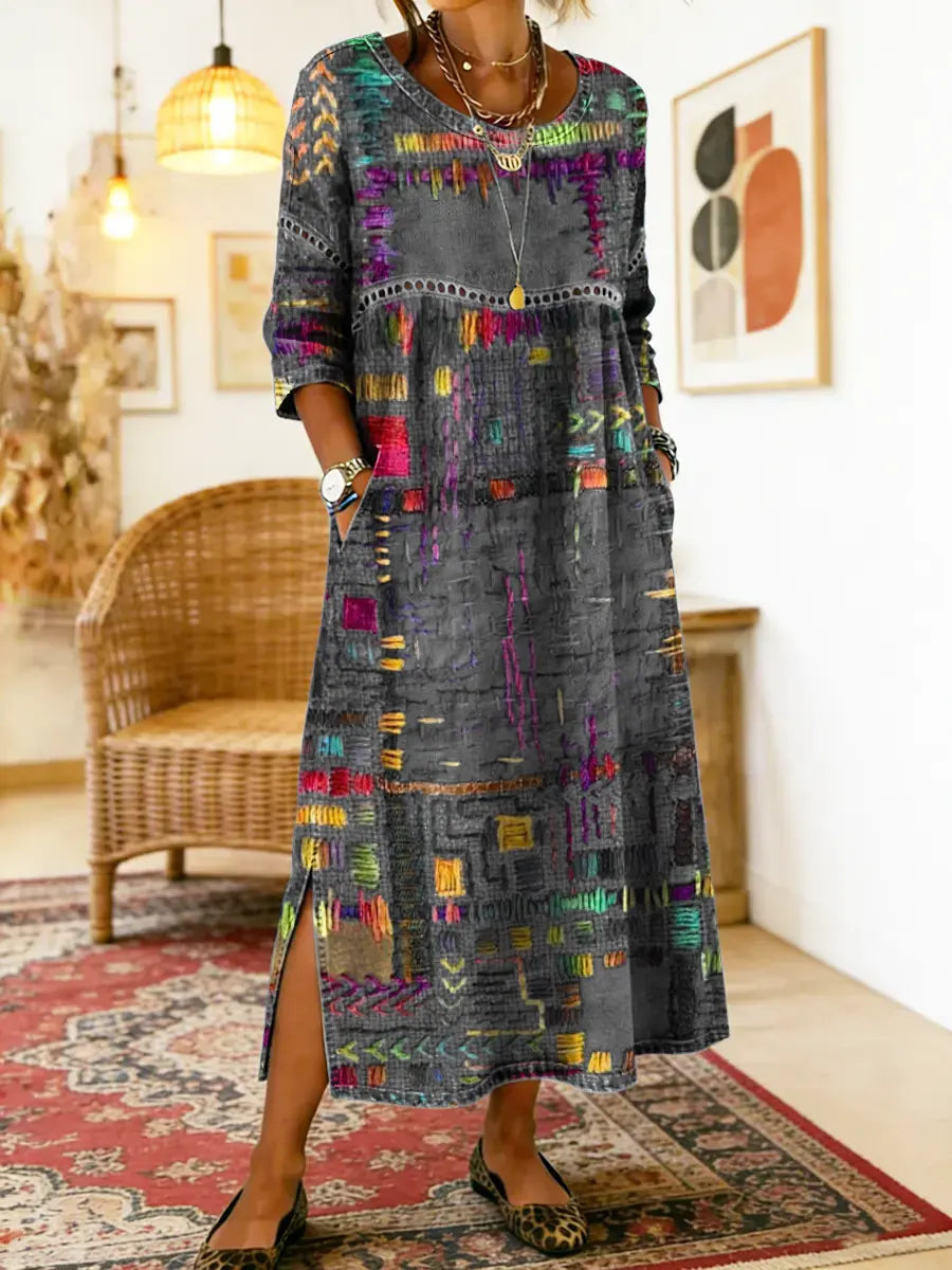 Isabelle | Robe en Denim avec Patchwork Ethnique