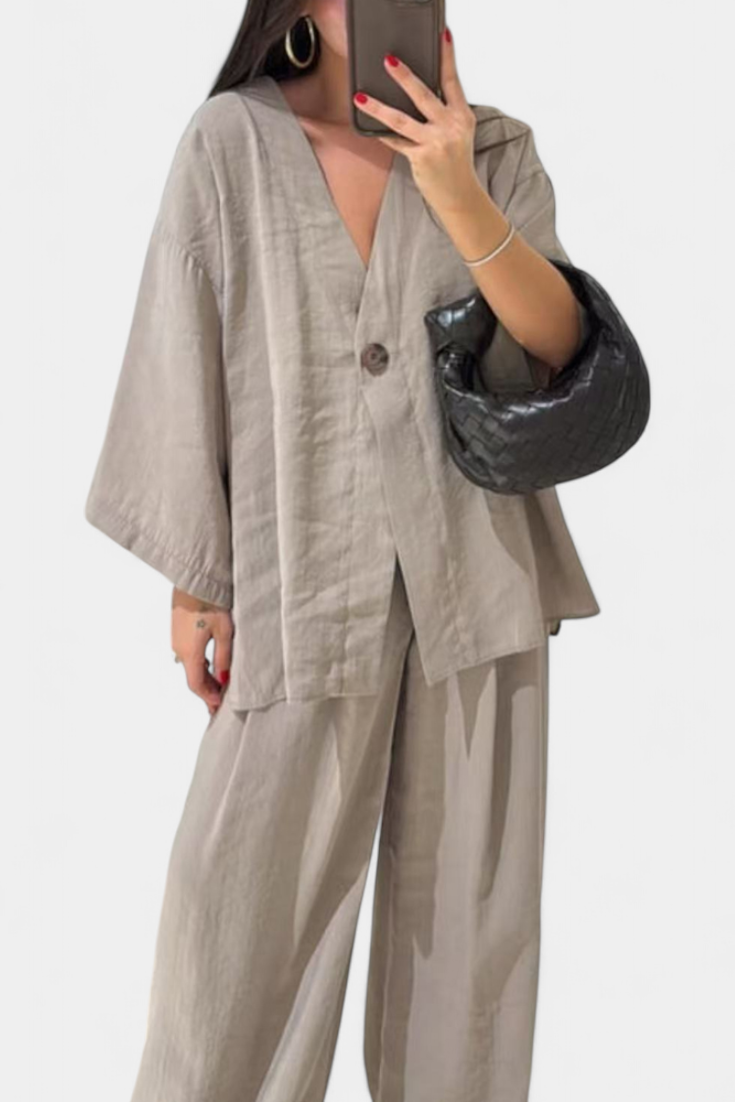 Eli Ensemble Élégant à Col en V et Pantalon Droit