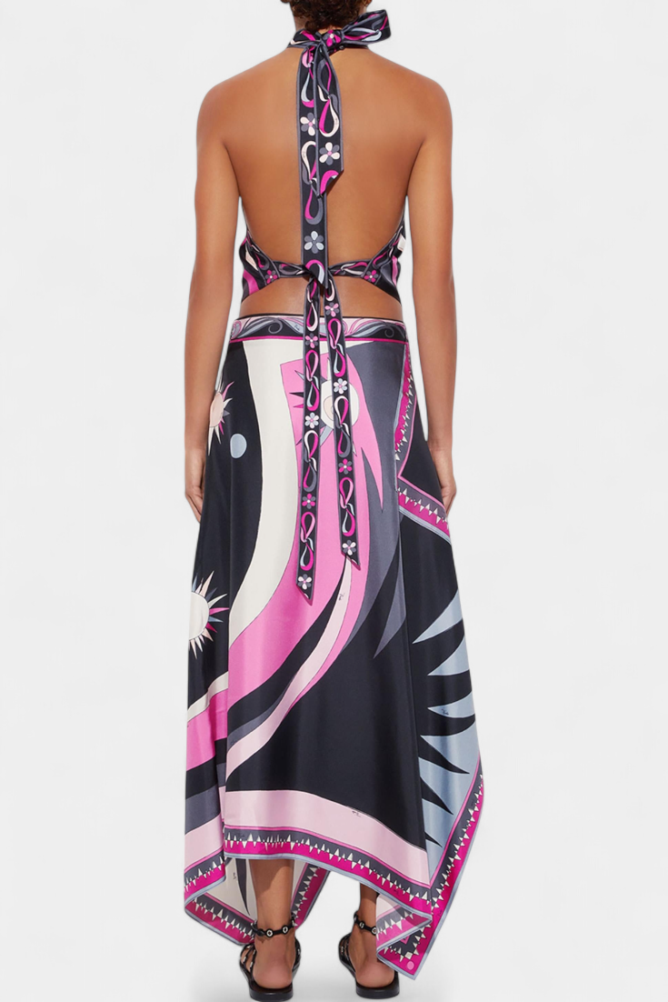 Ciana Ensemble Halter et Jupe A-Line à Motif Abstrait Noir et Rose