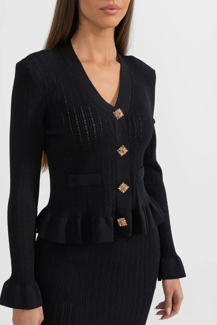 Prudence Ensemble en Maille avec Cardigan à Volants et Jupe Mi-Longue Évasée