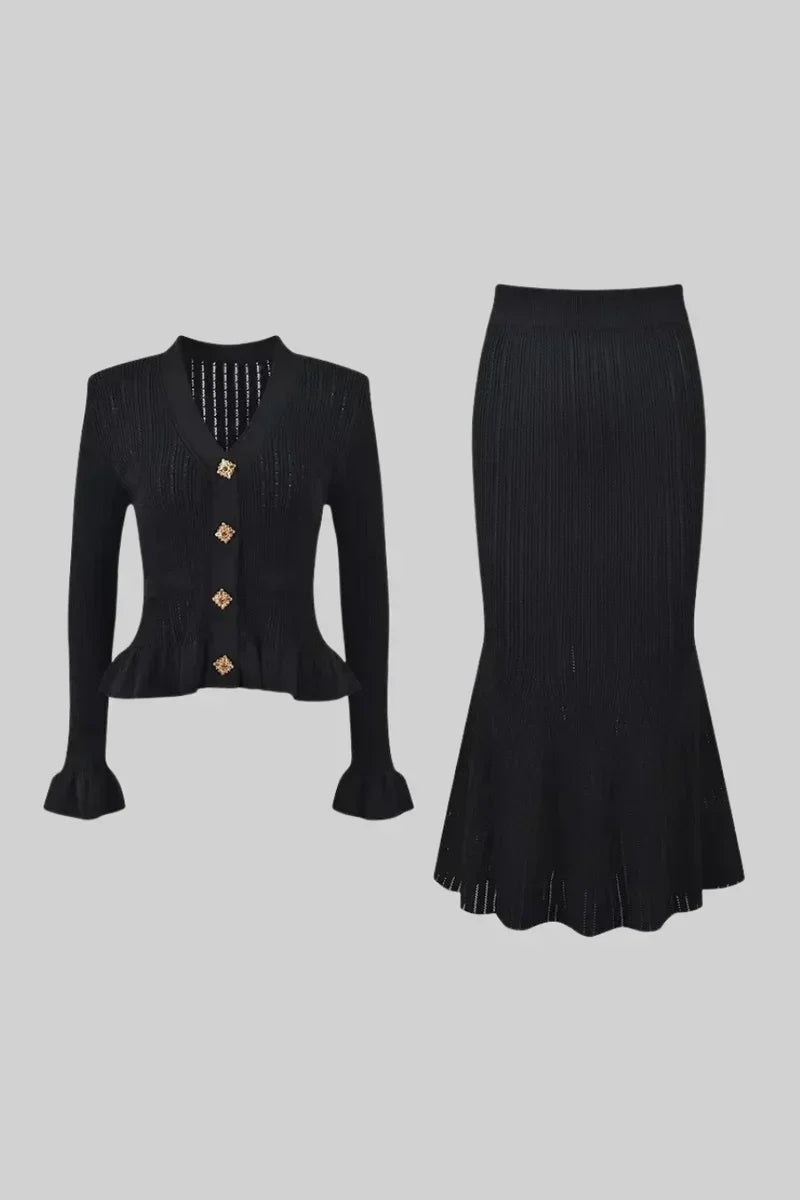 Prudence Ensemble en Maille avec Cardigan à Volants et Jupe Mi-Longue Évasée