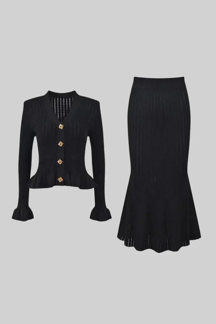 Prudence Ensemble en Maille avec Cardigan à Volants et Jupe Mi-Longue Évasée