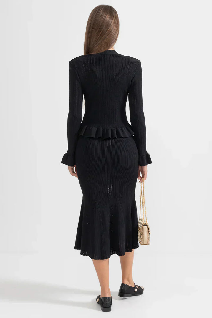 Prudence Ensemble en Maille avec Cardigan à Volants et Jupe Mi-Longue Évasée