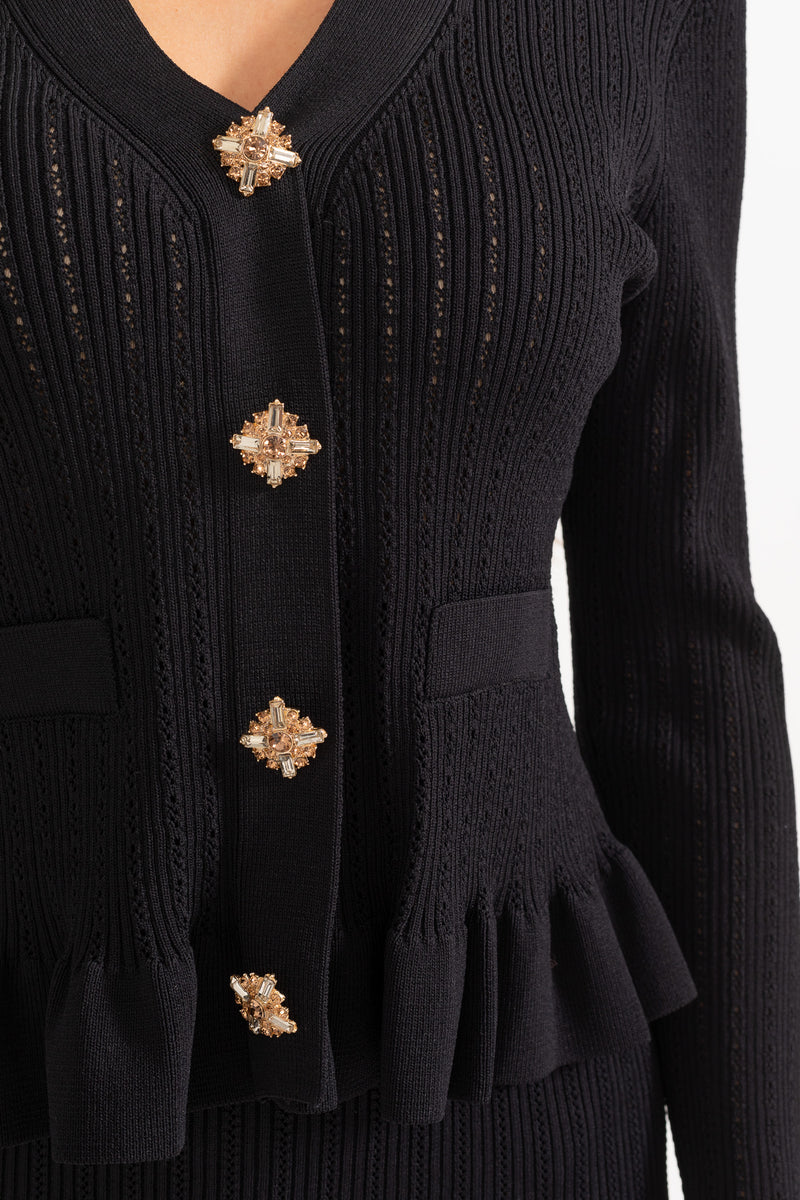Prudence Ensemble en Maille avec Cardigan à Volants et Jupe Mi-Longue Évasée