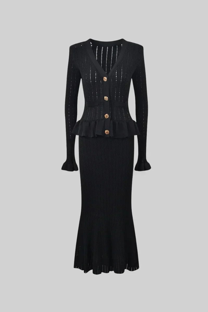 Prudence Ensemble en Maille avec Cardigan à Volants et Jupe Mi-Longue Évasée