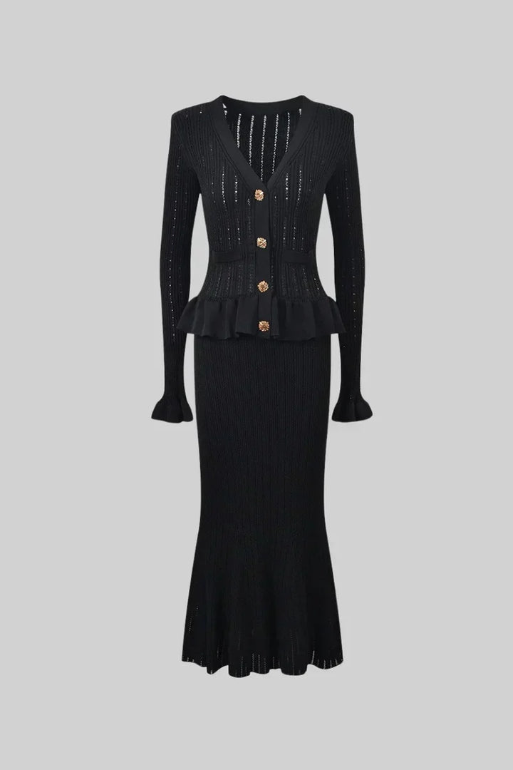 Prudence Ensemble en Maille avec Cardigan à Volants et Jupe Mi-Longue Évasée