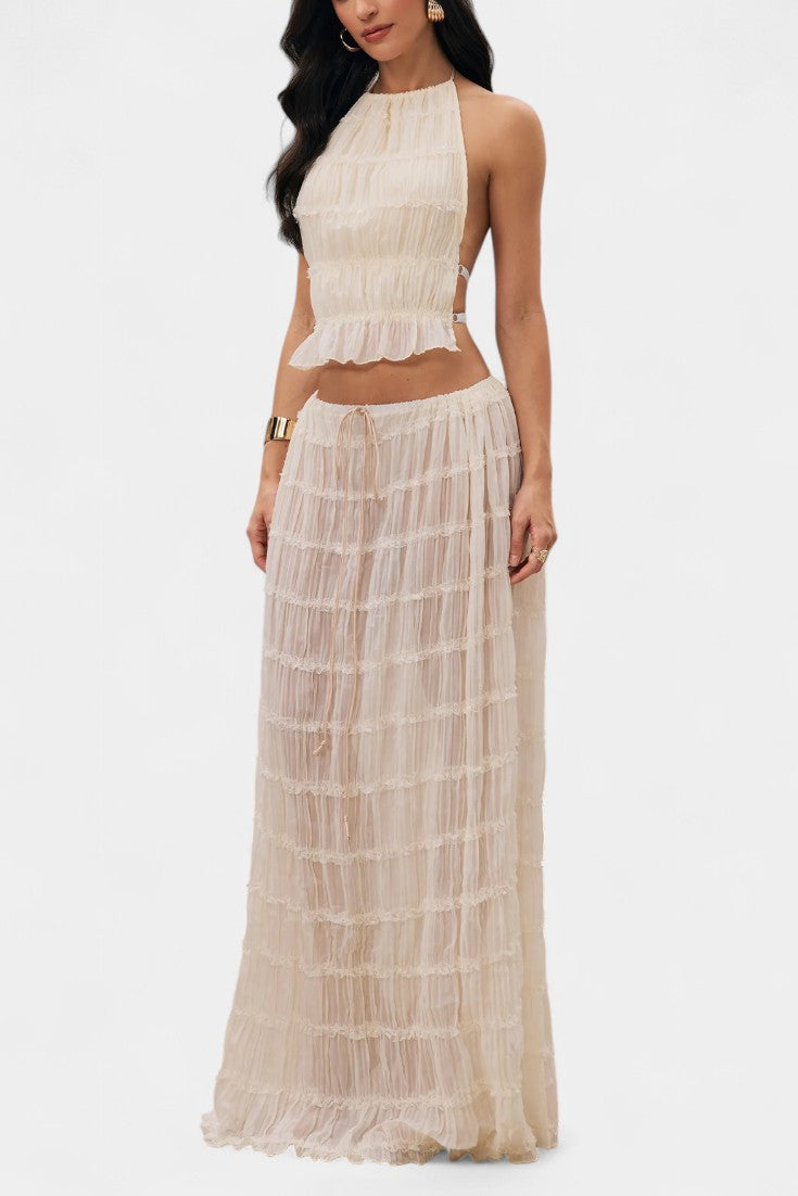 Eugenie Ensemble Halter Plissé avec Jupe Fluide Taille Haute