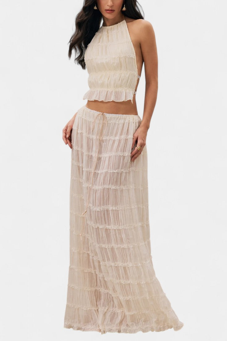 Eugenie Ensemble Halter Plissé avec Jupe Fluide Taille Haute