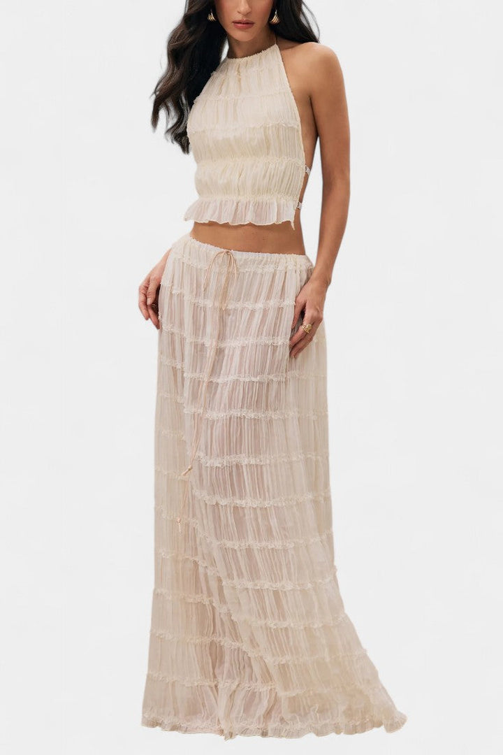 Eugenie Ensemble Halter Plissé avec Jupe Fluide Taille Haute