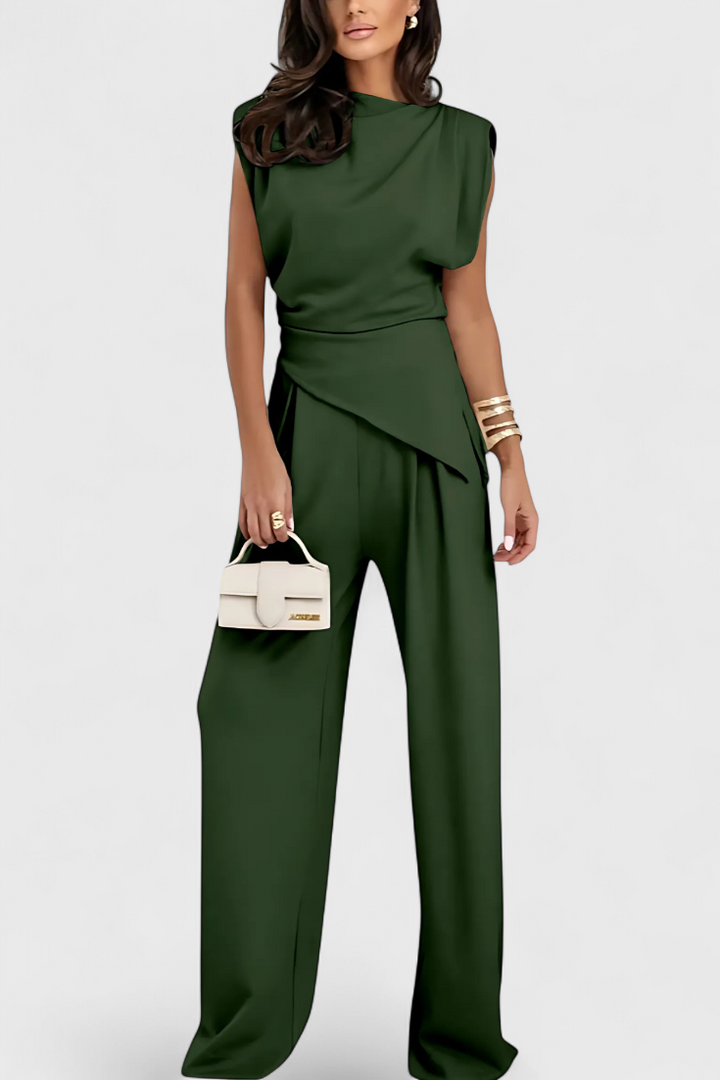 Sofia Ensemble Asymétrique à Épaules Drapées et Pantalon à Jambes Larges