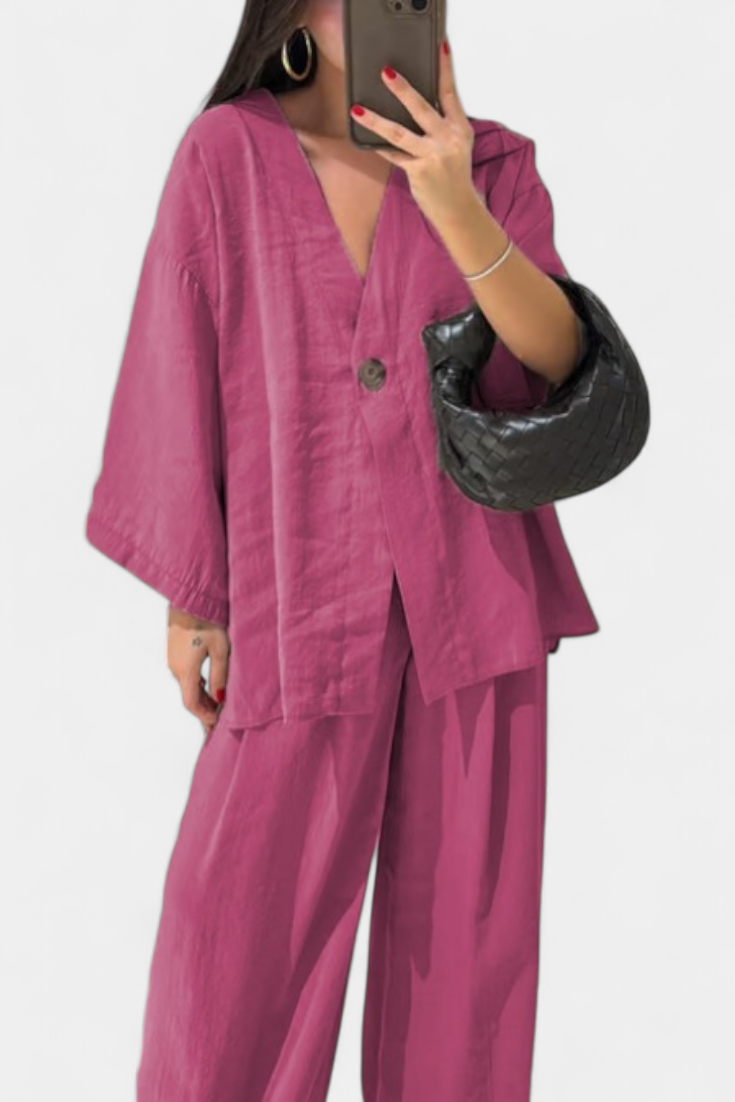Eli Ensemble Élégant à Col en V et Pantalon Droit