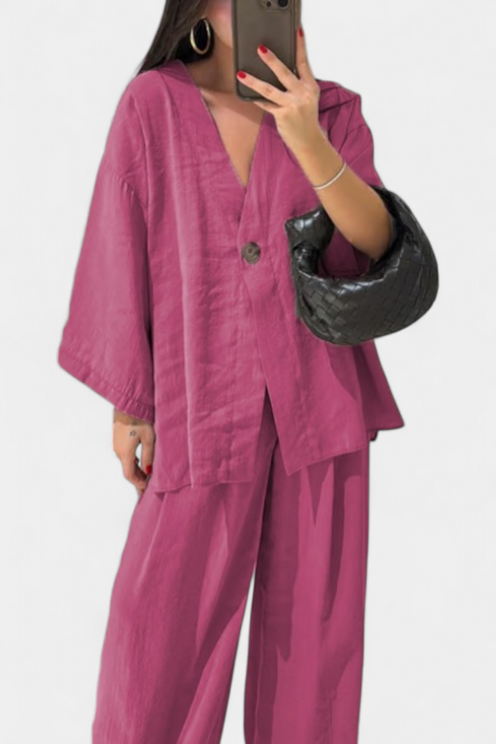 Eli Ensemble Élégant à Col en V et Pantalon Droit