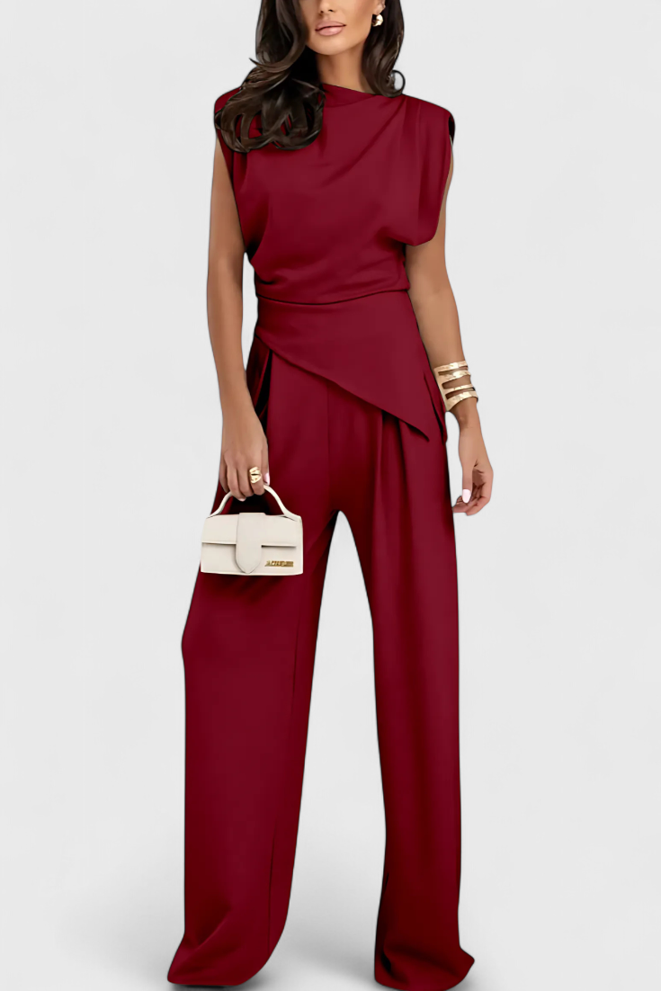 Sofia Ensemble Asymétrique à Épaules Drapées et Pantalon à Jambes Larges