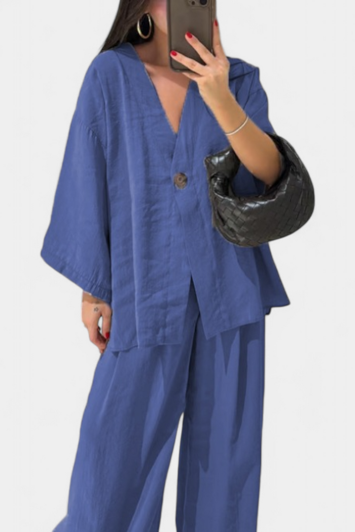 Eli Ensemble Élégant à Col en V et Pantalon Droit