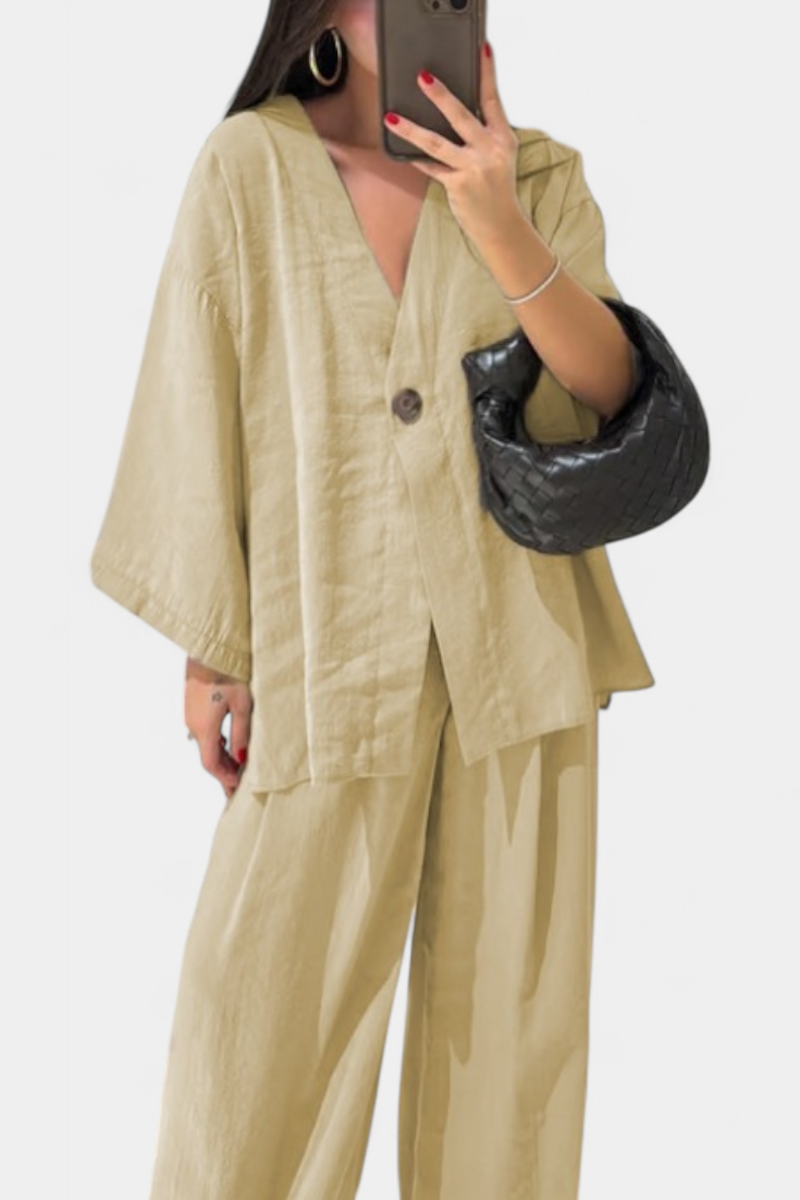 Eli Ensemble Élégant à Col en V et Pantalon Droit