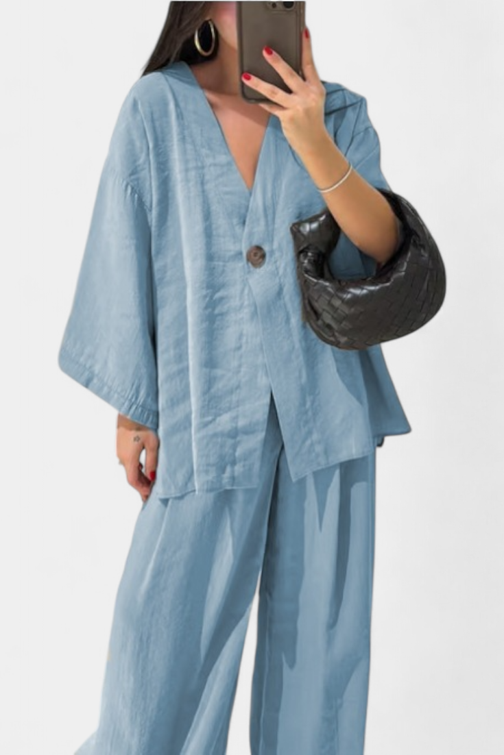 Eli Ensemble Élégant à Col en V et Pantalon Droit