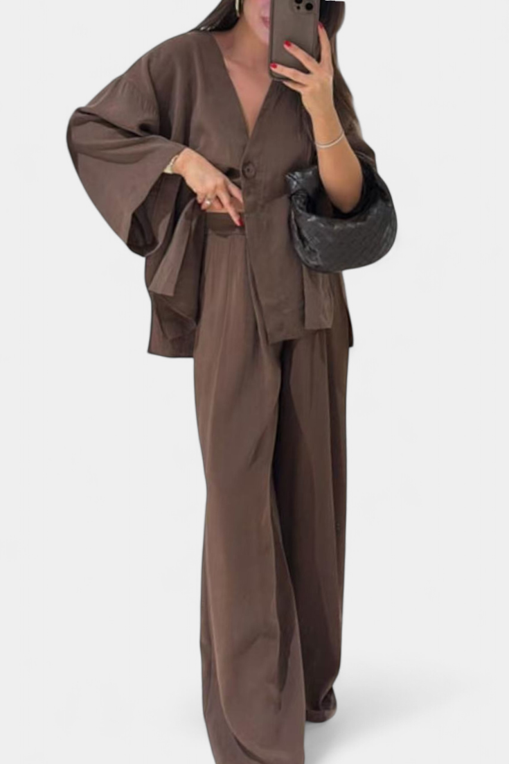 Eli Ensemble Élégant à Col en V et Pantalon Droit