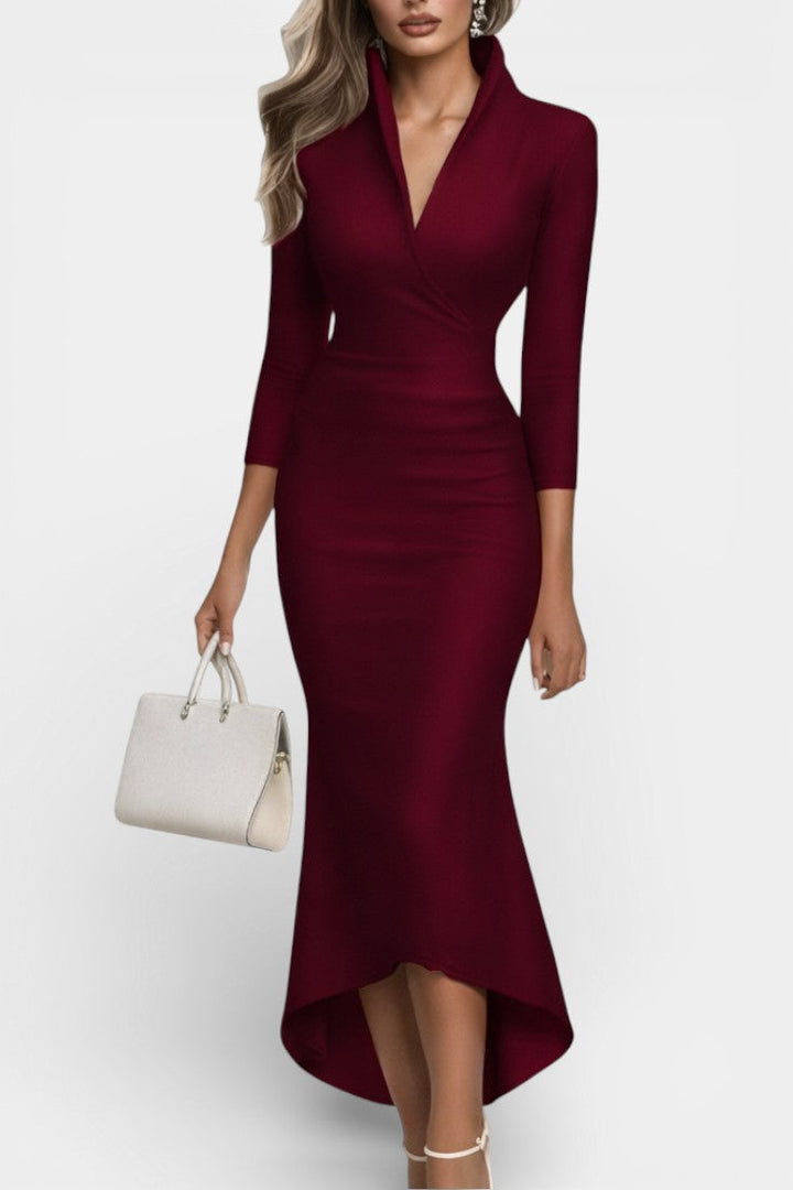 Raven Robe Longue Satinée à Décolleté Cache-Cœur et Ourlet Asymétrique