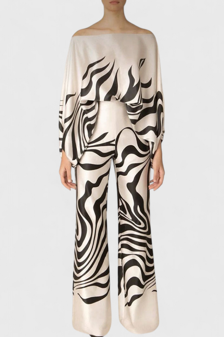 Sybella Ensemble à Haut Épaules Tombantes et Pantalon à Jambes Larges avec Imprimé Artistique