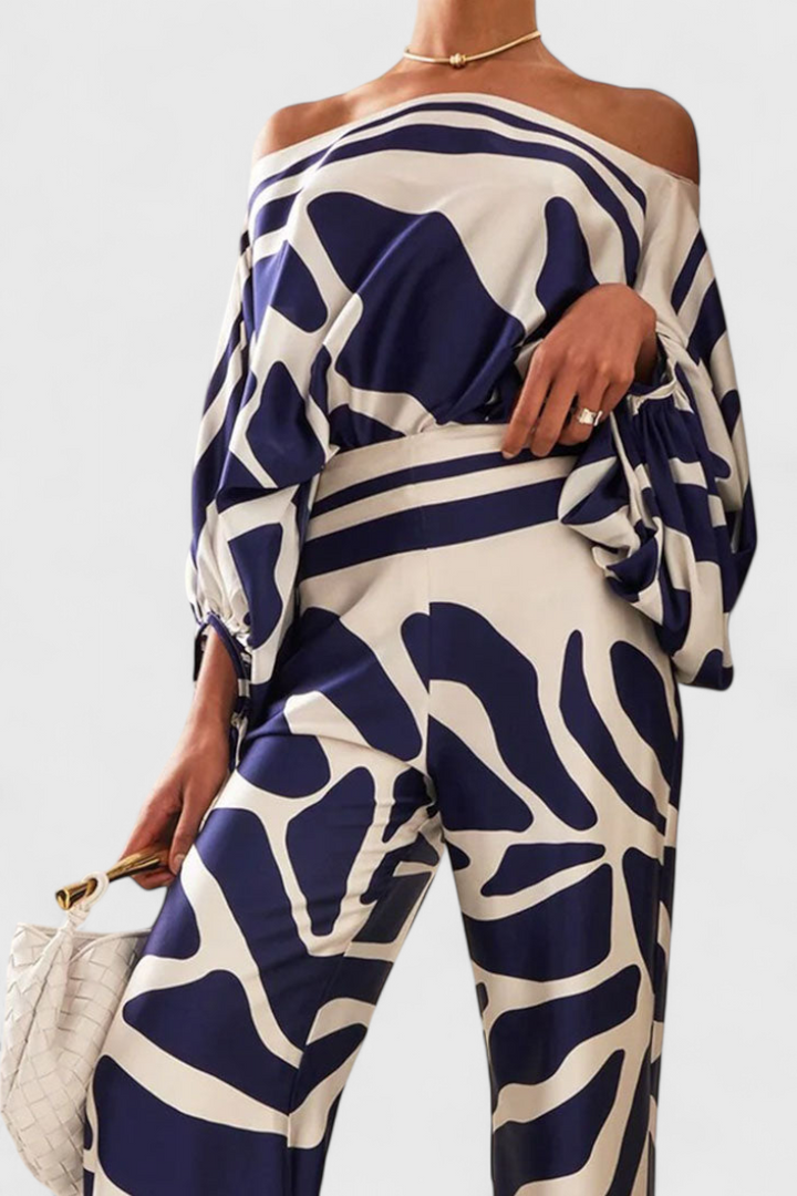 Sybella Ensemble à Haut Épaules Tombantes et Pantalon à Jambes Larges avec Imprimé Artistique