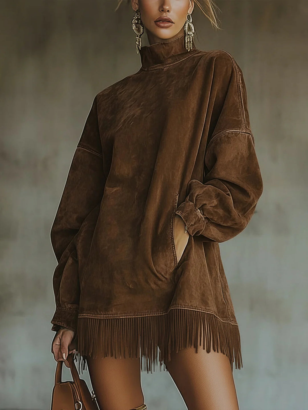 Amalia ║ Robe en daim avec col montant et franges