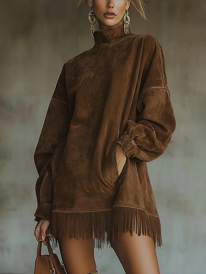 Amalia ║ Robe en daim avec col montant et franges