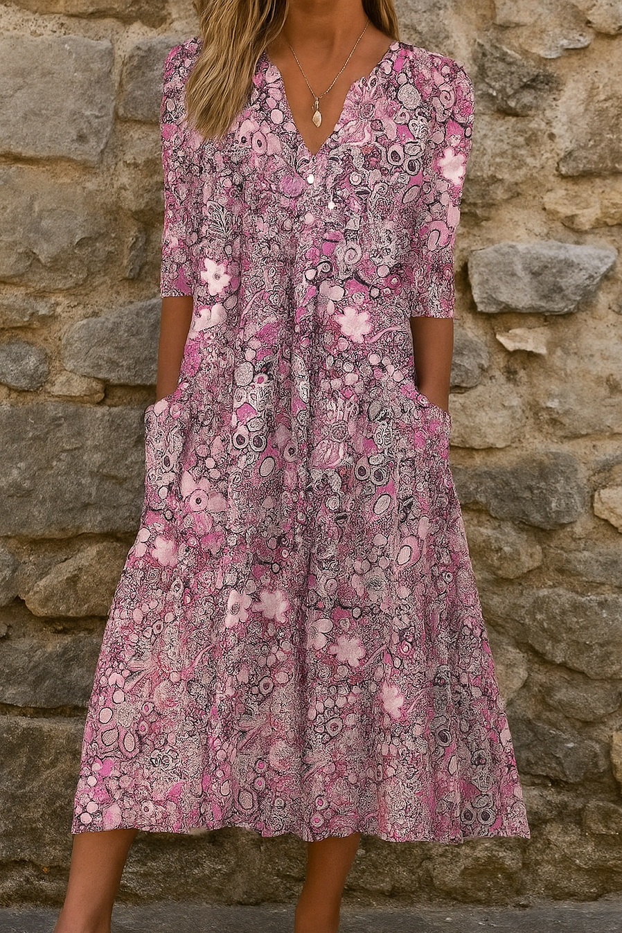 Élise | Robe midi imprimée à col V