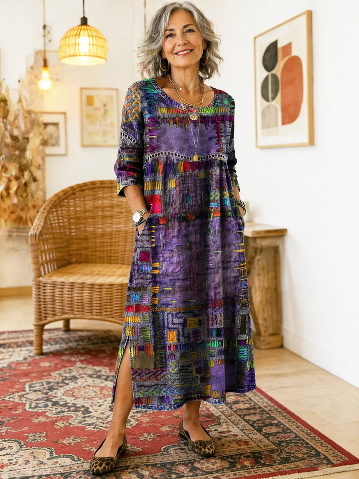 Isabelle | Robe en Denim avec Patchwork Ethnique