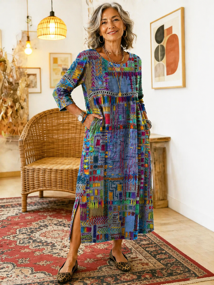 Isabelle | Robe en Denim avec Patchwork Ethnique