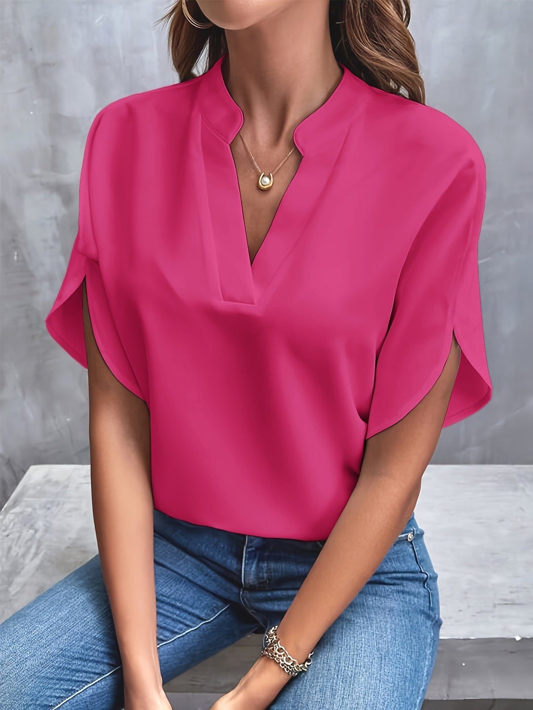 Julie | Blouse Fluide Col Officier Manches Courtes Femme