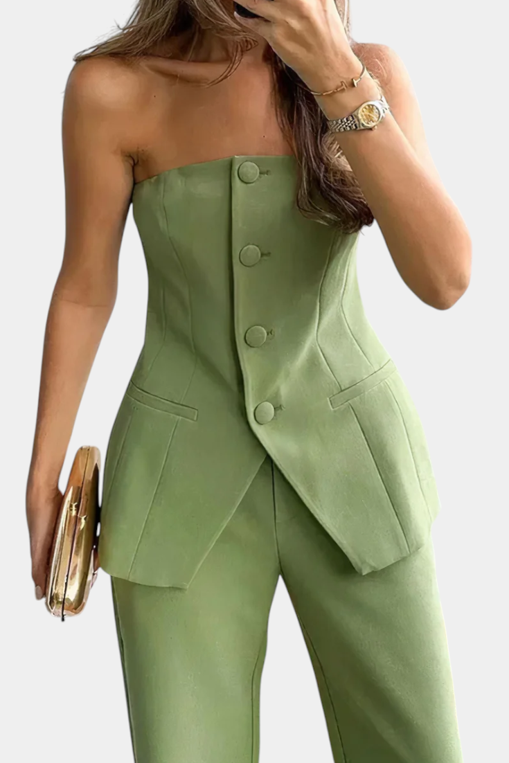 Ekaterina Ensemble Sans Bretelles à Pantalon Taille Haute et Jambes Amples