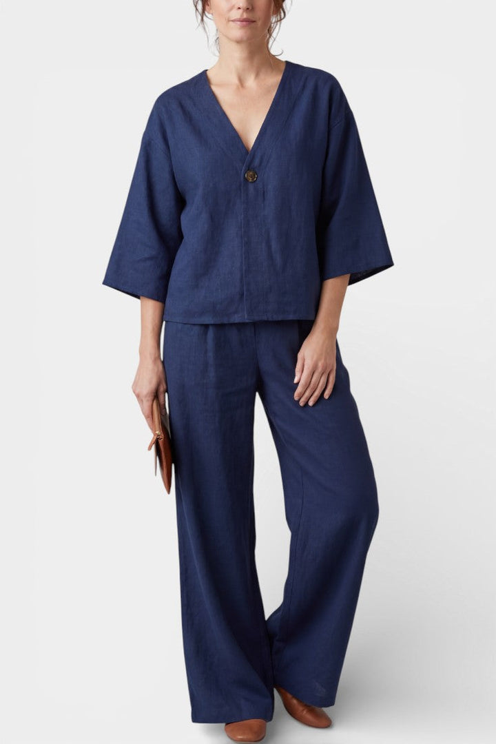 Eli Ensemble Élégant à Col en V et Pantalon Droit