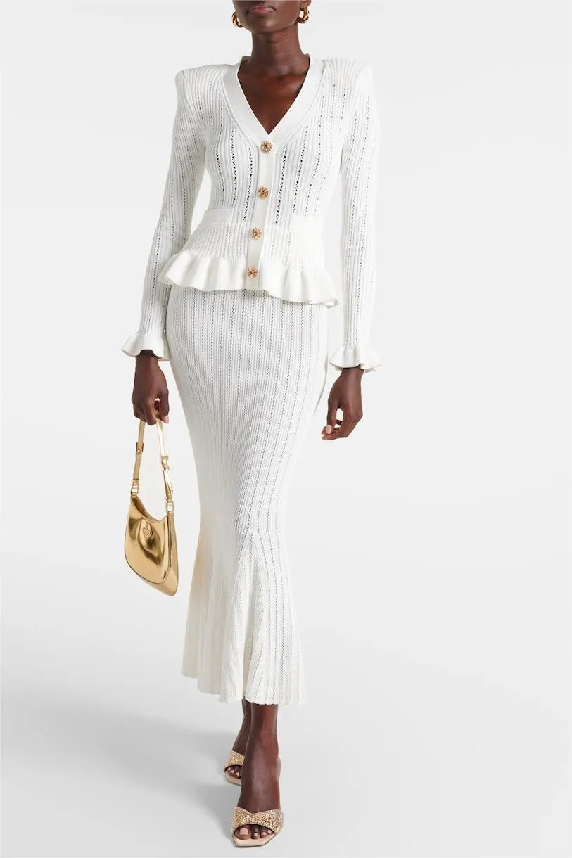 Prudence Ensemble en Maille avec Cardigan à Volants et Jupe Mi-Longue Évasée