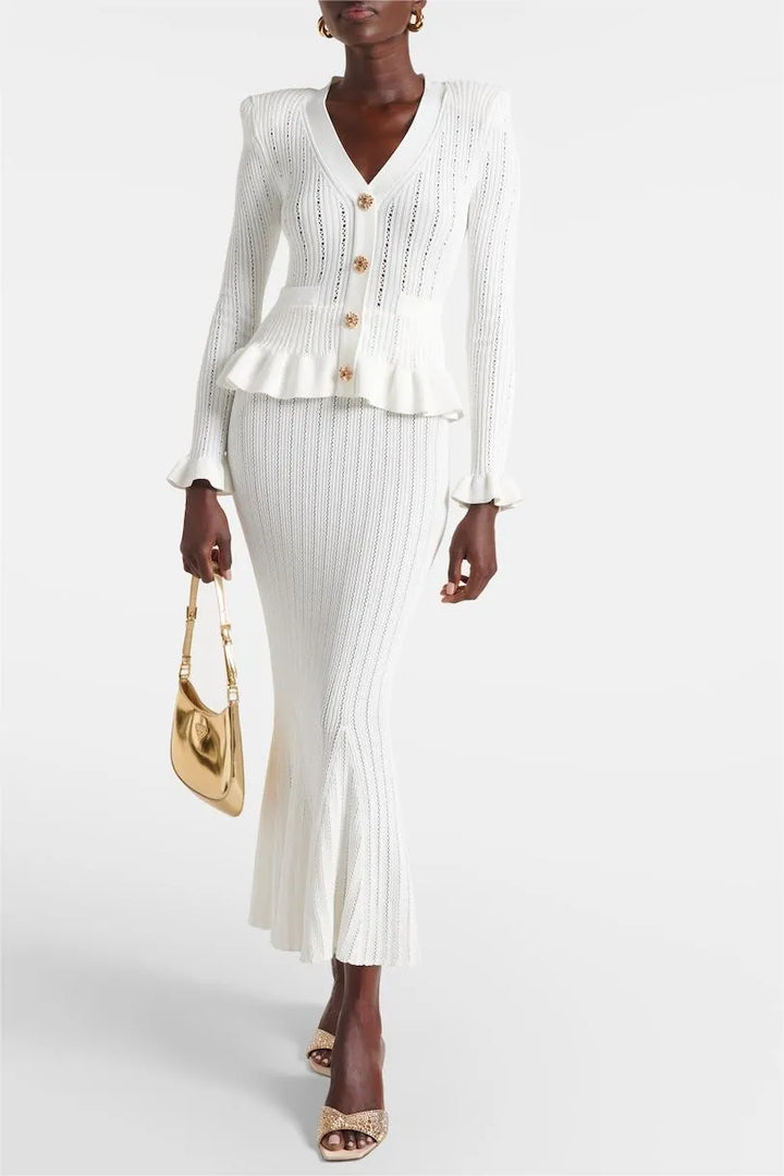 Prudence Ensemble en Maille avec Cardigan à Volants et Jupe Mi-Longue Évasée