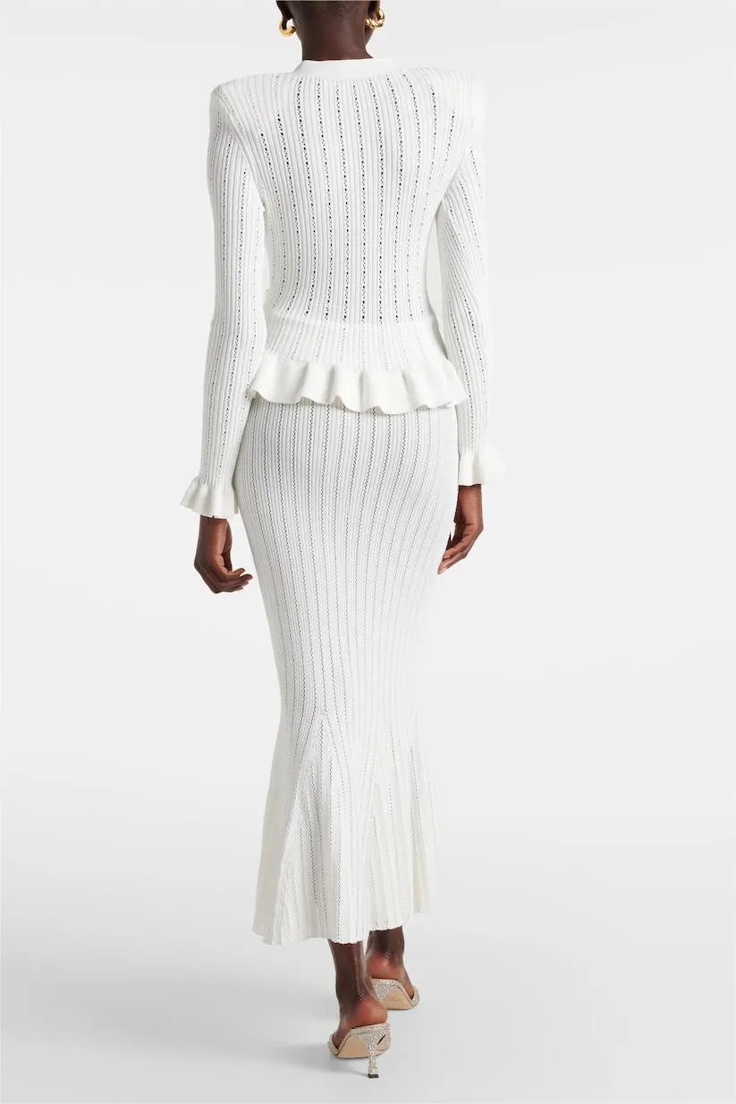 Prudence Ensemble en Maille avec Cardigan à Volants et Jupe Mi-Longue Évasée
