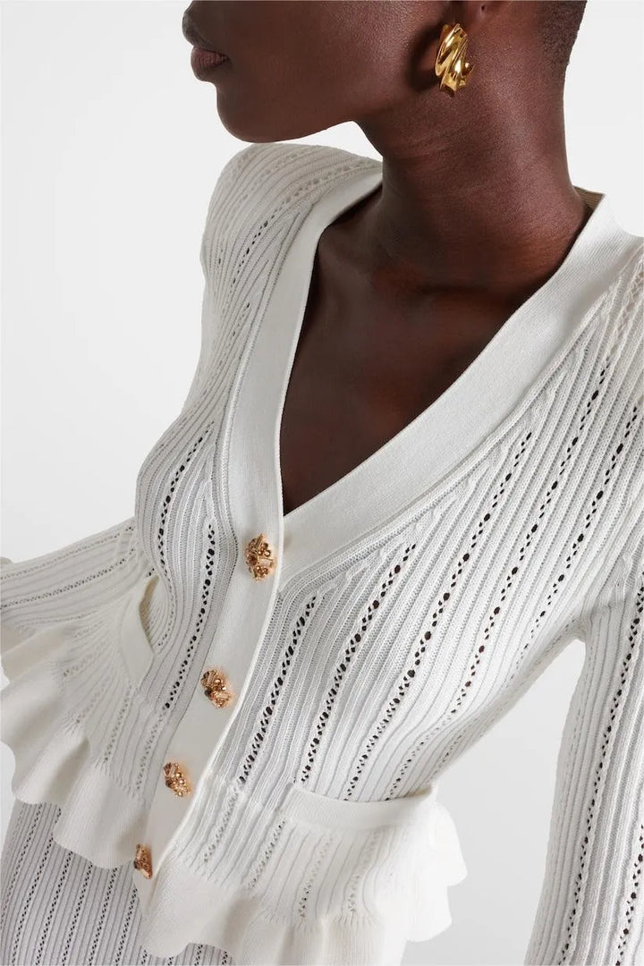 Prudence Ensemble en Maille avec Cardigan à Volants et Jupe Mi-Longue Évasée
