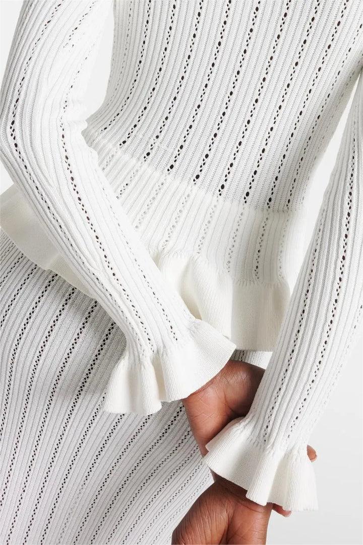 Prudence Ensemble en Maille avec Cardigan à Volants et Jupe Mi-Longue Évasée