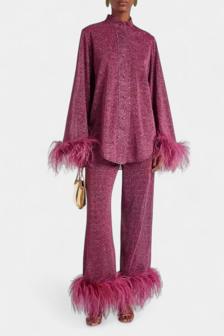 Polina Ensemble Blouse à Manches Longues et Pantalon Décontracté avec Collier Plumes